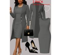 Ensemble 2 pièces élégant pour femmes grandes tailles, cardigan long minimaliste de couleur unie polyvalent + robe fourreau mi-longue sans manches, convient pour le travail, automne/hiver 0XL,1XL,2XL,