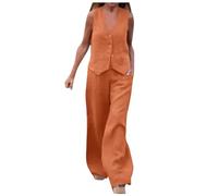 Ensemble 2 pièces en coton et lin pour femme - Blazer d'été assorti pour le bureau - Sans manches - Col en V boutonné - Pantalon large, Orange, L