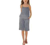 Ensemble 2 pièces en coton et lin pour filles, tenue d'été pour voyage, plage, vacances, joli débardeur et pantalon à bretelles spaghetti avec poches, ensemble court uni et ample pour enfants, gris, 5