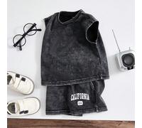 Ensemble 2 pièces en denim noir délavé à l'acide pour nouveau-né garçon, décontracté et ample, imprimé anglais, simple et à la mode, pour un usage quotidien 6-9M,9-12M,12-18M,18-24M,2-3Y,3-6MLettresJe