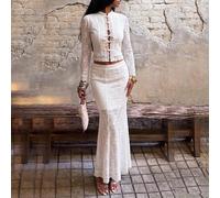 Ensemble 2 pièces en dentelle beige printemps/été, nouveau style chinois avec boutons grenouille, col montant, top à manches longues & jupe longue, tenue vintage élégante pour rendez-vous, mariage, va