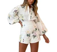 Ensemble 2 pièces en lin assorti pour femme - Ensemble vintage bohème imprimé floral - Ensemble de détente à manches longues avec chemise boutonnée à revers et short taille haute hawaïen, blanc, L