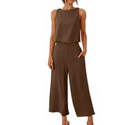 Ensemble 2 Pièces en Lin Couleur Unie Femme Ensemble de Pantalon Larges et Tank Top Élégante Tailleur Décontracté D'été Tenue de Plage Casual Affaires Suit Chemisier sans Manches + Pantalon Large