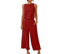 Ensemble 2 Pièces en Lin Femme Ensemble de Pantalon Larges et Tank Top Élégante Couleur Unie Tailleur Décontracté D'été Tenue de Plage Casual Affaires Suit Chemisier sans Manches + Pantalon Large