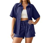 Ensemble 2 PièCes en Lin pour Femme Ensemble short décontracté pour femme,chemise et short en lin,tenue confortable les vacances d'été,tenue de tous les jours,deux pièces élégant