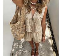 Ensemble 2 pièces en lin pour femmes PoPoHouse, Top sans manches élégant et décontracté avec broderie florale et nœud devant + short ample à jambes larges, tenue d'été pour plage et vacances, ensemble