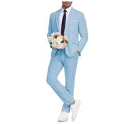 Ensemble 2 pièces en lin pour homme avec blazer à bouton unique et pantalon - Coupe classique - Revers à encoche - Costumes de smoking formels, bleu clair, XL