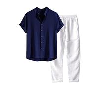 Ensemble 2 pièces en lin pour homme - Couleur unie - Manches courtes - Chemise et short de plage - Ensemble court - Tailles S à 3XL, Marine, L