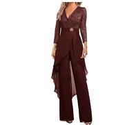 Ensemble 2 pièces en mousseline de soie et dentelle pour invités de mariage avec manches 3/4 et strass, bordeaux foncé, 14