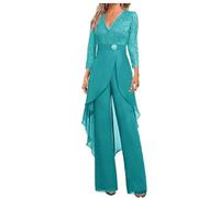 Ensemble 2 pièces en mousseline de soie et dentelle pour invités de mariage avec manches 3/4 et strass, aqua, 44