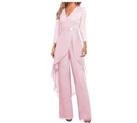 Ensemble 2 pièces en mousseline de soie et dentelle pour invités de mariage avec manches 3/4 et strass, rose, 38