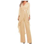 Ensemble 2 pièces en mousseline de soie et dentelle pour invités de mariage avec manches 3/4 et strass, champagne, 12