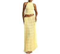 Ensemble 2 pièces en mousseline de soie pour femme - Haut court dos nu à lacets sans manches et jupe longue plissée fluide taille haute pour soirée, événements, vacances à la plage, jaune, M