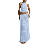 Ensemble 2 pièces en mousseline de soie pour femme - Haut court dos nu à lacets sans manches et jupe longue plissée fluide taille haute pour soirée, événements, vacances à la plage, bleu, S