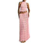 Ensemble 2 pièces en mousseline de soie pour femme - Haut court dos nu à lacets sans manches et jupe longue plissée fluide taille haute pour soirée, événements, vacances à la plage, rose, S