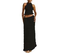 Ensemble 2 pièces en mousseline de soie pour femme - Haut court dos nu à lacets sans manches et jupe longue plissée fluide taille haute pour soirée, événements, vacances à la plage, Noir , S