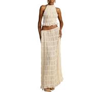 Ensemble 2 pièces en mousseline de soie pour femme - Haut court dos nu à lacets sans manches et jupe longue plissée fluide taille haute pour soirée, événements, vacances à la plage, beige, M