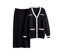 Ensemble 2 pièces en tricot ample pour femme avec col en V et cardigan taille haute, Noir , M