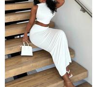 Ensemble 2 pièces en tricot blanc pour femmes : débardeur asymétrique à torsade et ruché à l'épaule et jupe crayon froncée à la taille basse. Ensemble coordonné blanc, tenue de demoiselle d'honneur en