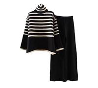 Ensemble 2 pièces en tricot chaud décontracté pour femme Taille haute Longueur cheville Jambe large Pantalon rayé, Noir , M