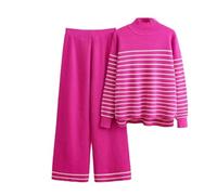 Ensemble 2 pièces en tricot coréen à rayures pour femme - Taille haute - Pantalon large - Tenue décontractée, 131, M