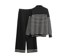 Ensemble 2 pièces en tricot coréen à rayures pour femme - Taille haute - Pantalon large - Tenue décontractée, Noir , M