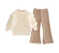 Ensemble 2 pièces en tricot côtelé de couleur unie avec pull à pompons et pantalon évasé à jambes larges pour petite fille, blanc, 4-5 ans