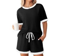 Ensemble 2 pièces en tricot côtelé pour femme - Élégant - T-shirt et short côtelé - Décontracté - Couleur unie - Combinaison de sport ample - Confortable - Pour la plage, le quotidien, la maison, Noir
