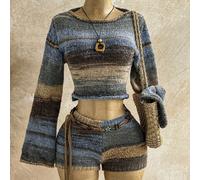 Ensemble 2 pièces femme avec pull à manches évasées longues et short taille basse, convient pour fête, Noël, rendez-vous, boîte de nuit, plage, croisière, thé de l'après-midi, style bohème, vacances. 