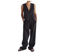Ensemble 2 Pièces Femme Coton et Lin Printemps Été Tailleur Femme Ensemble Pantalon Gilet Large en Couleur Unie Costume Sexy Décontracté Chic et Elegant Tops Vêtements Femme Pas Cher en Soldes