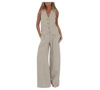 Ensemble 2 Pièces Femme Coton et Lin Printemps Été Tailleur Pantalon Gilet Large Couleur Unie Costume Sexy Décontracté Chic et Élégant Tops Pas Cher