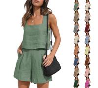 Ensemble 2 Pièces Femme Coton et Lin sans Manches Ensemble Détente Femme Ensembles Shorts et Haut Lin Vetement Femmes Ete Plage Pure Color Casual Mode Coton Chanvre Débardeur Chemise Shorts Set