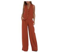 Ensemble 2 Pièces Femme Coton et Lin Vêtements Femmes Pas Cher en Soldes Printemps Été À Col en V Gilet Pantalon Large en Couleur Unie Costume Sexy Décontracté Chic et Elegant Tops Pas Cher