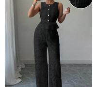 Ensemble 2 pièces femme d'été, pantalon droit à jambe droite avec ourlet volant, Top sans manches à col rond et ouverture frontale en dentelle, élégant et mode, décontracté L,M,S,XLPlantesDentelle