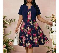 Ensemble 2 pièces femme grande taille : cardigan à manches courtes unicolore et robe imprimée florale élégante. Tenues d'été et de printemps pour femmes grande taille. Robe de jardin, robe de thé, ten