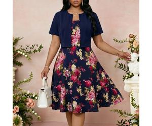 Ensemble 2 pièces femme grande taille : cardigan à manches courtes unicolore et robe imprimée florale élégante. Tenues d'été et de printemps pour femmes grande taille. Robe de jardin, robe de thé, ten