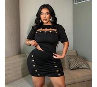 Ensemble 2 pièces femme grande taille, Top manches courtes mini sexy en tricot noir avec œillets métalliques et jupe moulante mini sexy. Tenue sexy pour soirée, rendez-vous, sortie, style bad girl, hi