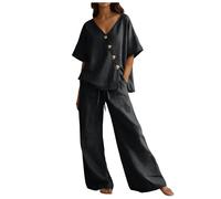 Ensemble 2 pièces Femme Haut Court col V Ample uni Pantalon Long à Cordon