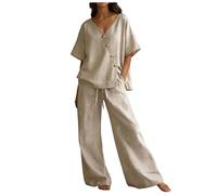Ensemble 2 pièces Femme Haut Court col V Ample uni Pantalon Long à Cordon