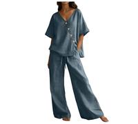 Ensemble 2 pièces Femme Haut Court col V Ample uni Pantalon Long à Cordon