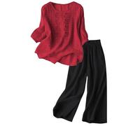 Ensemble 2 PièCes Femme Manches 3/4 en Lin Brodé - Style Ethnique éTé - Haut Ample Et Pantalon à Taille éLastiquéE - MatièRe LéGèRe Anti-Transpirante - IdéAl Vacances/Ville