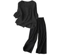 Ensemble 2 PièCes Femme Manches 3/4 en Lin Brodé - Style Ethnique éTé - Haut Ample Et Pantalon à Taille éLastiquéE - MatièRe LéGèRe Anti-Transpirante - IdéAl Vacances/Ville