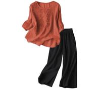 Ensemble 2 PièCes Femme Manches 3/4 en Lin Brodé - Style Ethnique éTé - Haut Ample Et Pantalon à Taille éLastiquéE - MatièRe LéGèRe Anti-Transpirante - IdéAl Vacances/Ville