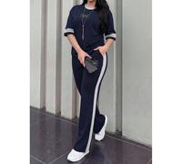 Ensemble 2 pièces femme, nouveau t-shirt à col rond et manches courtes avec pantalon ample à taille élastique. Tenue décontractée pour un port quotidien, élégante pour le printemps/automne et l'été L,