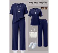 Ensemble 2 pièces femme, Top manches courtes col rond couleur unie et pantalon droit jambe large taille élastique avec poches, en tissu polyester léger et non transparent, élégant pour le printemps/ét