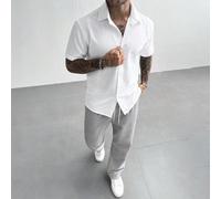 Ensemble 2 pièces GloMan pour homme, chemise blanche texturée à manches courtes de luxe + pantalon long gris à cordon de serrage, tenue confortable d'automne, convient pour les vacances à la plage, le