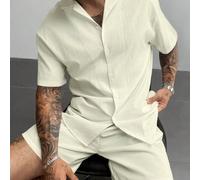 Ensemble 2 pièces GloMan pour homme, chemise en lin style cubain et short à cordon de serrage, couleur abricot, été, style Old Money décontracté, plage, mariage, fête, vacances, voyage, convient pour 