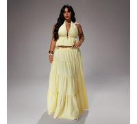Ensemble 2 pièces grande taille avec top à rayures jaunes, col en V, devant ouvert, col licou et nœud au dos, et jupe à volants, pour femmes, vacances d'été, plage, promenade, sexy, élégant, shopping,