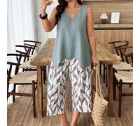 Ensemble 2 pièces grande taille, débardeur unicolore d'été décontracté et pantalon imprimé all-over 0XL,1XL,2XL,3XL,4XLgraphiqueTissu tissé
