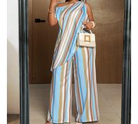 Ensemble 2 pièces grande taille pour femmes, nouveau printemps/été. Blouse à une épaule irrégulière rayée et pantalon droit affinant la taille. Convient pour les vacances sur l'île, les fêtes de plage